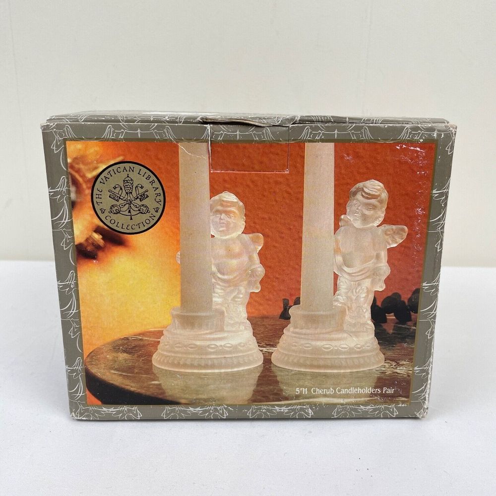 Vatican Library Collection Crystal Cherub Candleholders Pair 5" Vintage 90s